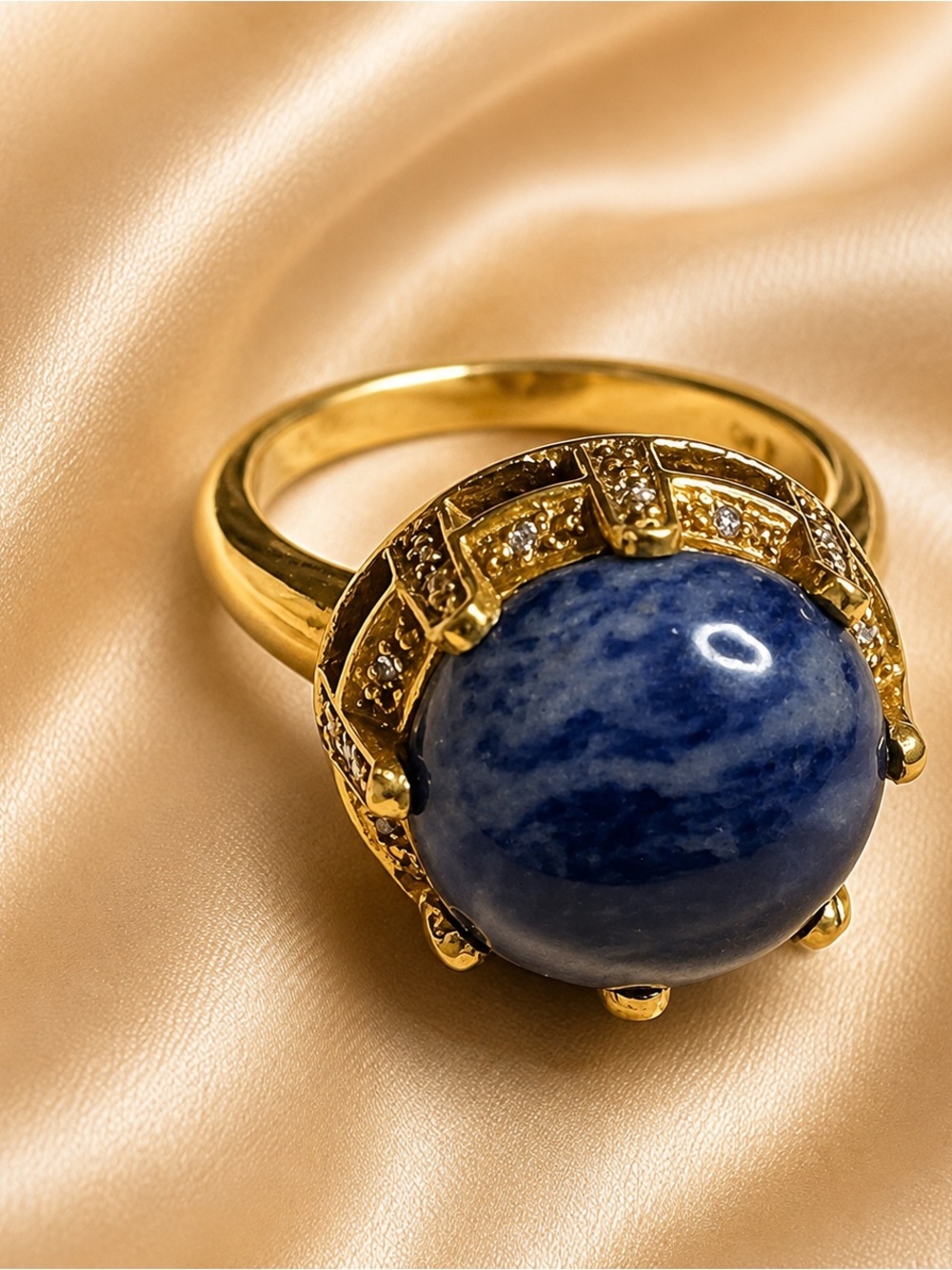 KARIS Blue Sodalite Cabochon Gold Tone Statement Ring Size 9